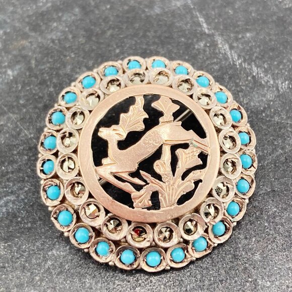 ANTIQUE Coin silver, marcasite, and turquoise glass deer brooch ~ Victorian pin - Picture 4 of 9
